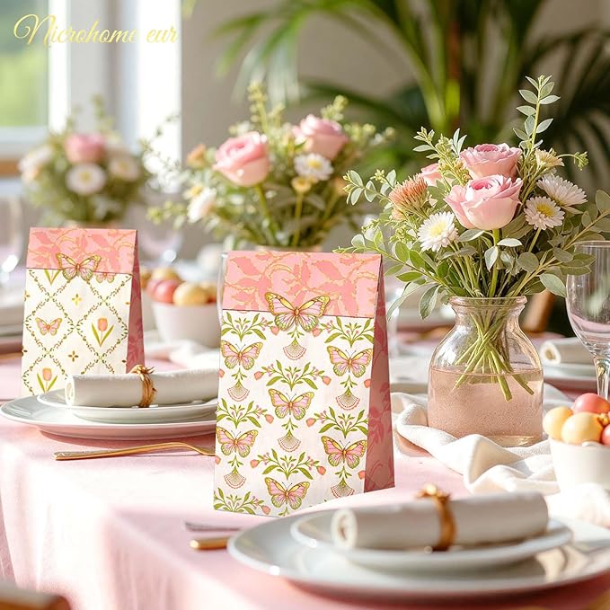 NICROHOME EUR Floral Gift Bags with Butterfly Stickers, 24 Pack Small Kraft Paper Bags Green Pink Tulip Design, Party Favors Bags Bulk for Girls Women Birthday Baby Shower Mother's Day Gift Packing