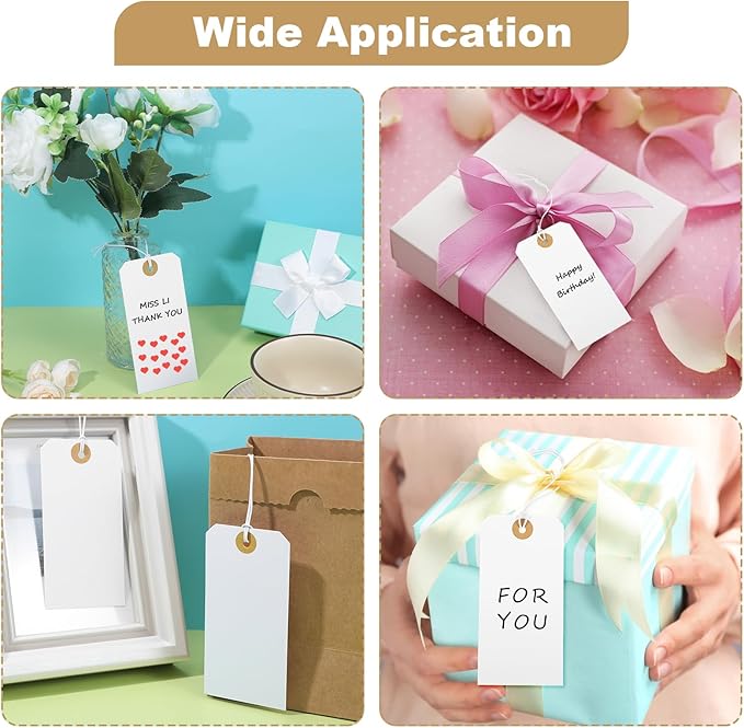 300 Pcs White Hanging Tags with Elastic String – Large 4.72" x 2.36" Writable Marking Tags, Reinforced Hole for Gifts, Inventory & Pricing (Premium Cardstock)