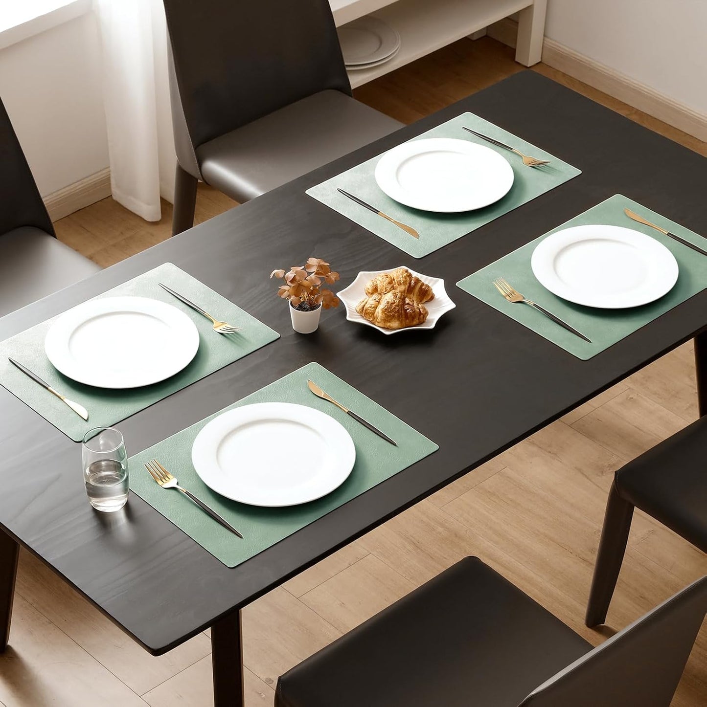 MOSAYT Vinyl Placemats Set of 8-12 X 17 Inch - Faux Leather 100% Waterproof Oil-Proof Wipeable PU Place Mats, Heat Resistant Reversible Table Mats for Kitchen, Dining, Outdoor (Green)