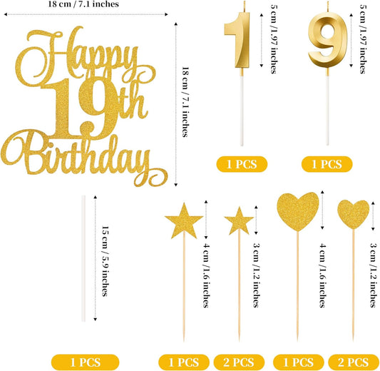 19th Birthday Cake Decorations, 19th Birthday Candles Cake Numeral Candles and Glitter Happy 19th Birthday Cake Toppers Set for Birthday Party Supplies (Gold)
