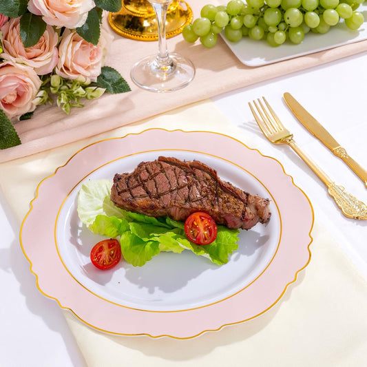 WDF 60pcs Pink Plastic Plates - 10.25inch Baroque Pink And Gold Disposable Dinner Plates for Upscale Parties -Special for Wedding, Party,Birthdays, Baby Shower,Halloween