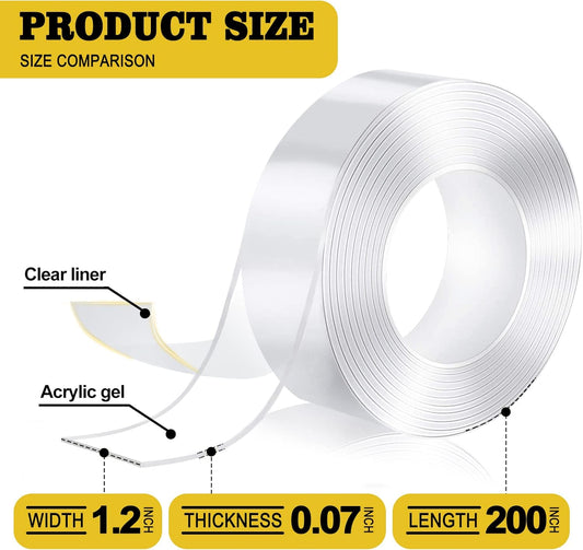 Extra Large Double Sided Tape Heavy Duty,1.2" x 200",Nano Adhesive Mounting Tape-Clear, Strong Grip Adhesive Poster Wall Tape for Decoration