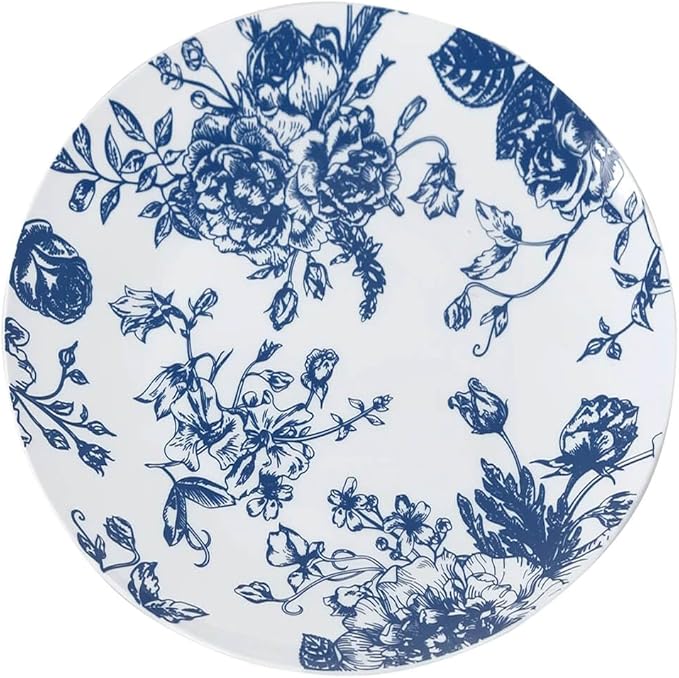 Efavormart 10-Pack French Toile Plastic Dessert Plates – Blue & White Floral, 7" Round Disposable Salad Plates