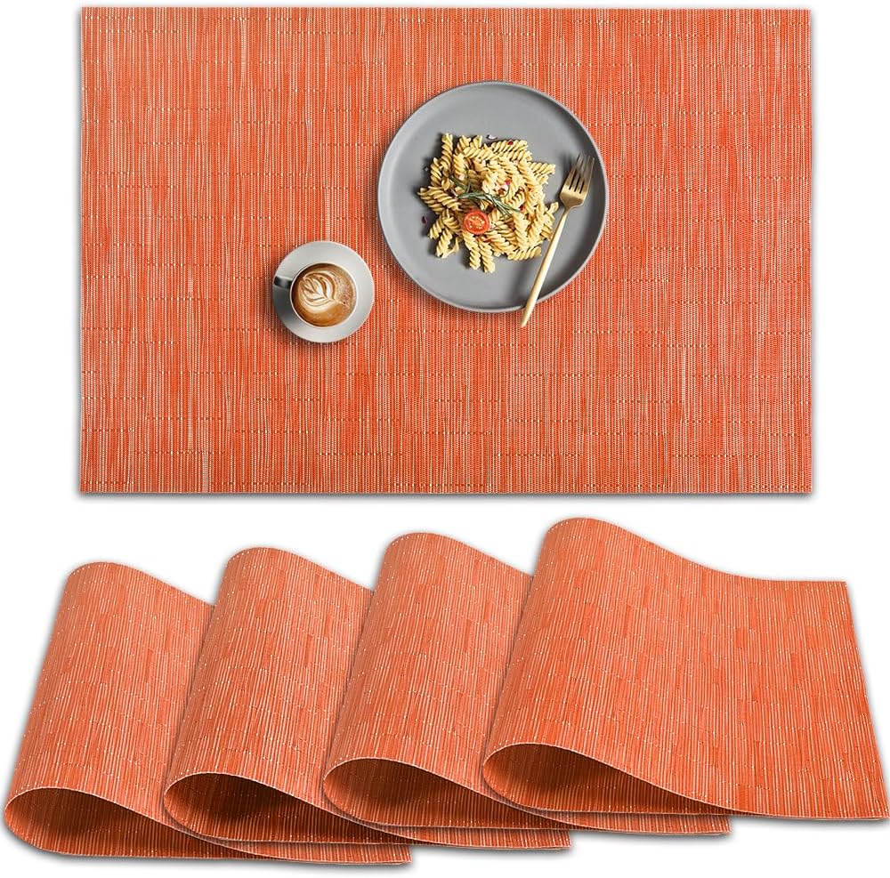 homEdge PVC Placemat, 4 PCS of Non-Slip Heat Resistant Place Mats, Washable Vinyl Placemats, Orange