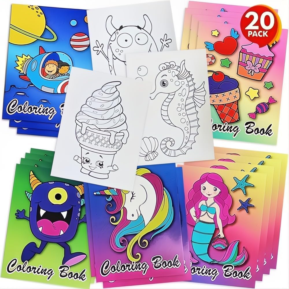 ArtCreativity Assorted Mini Coloring Books Bulk -Pack of 20 Small Color Booklets in 5 Designs - Perfect Kids Party Favors - Educational Art Gifts for Toddlers, Boys and Girls Ages 3-5, 6-8