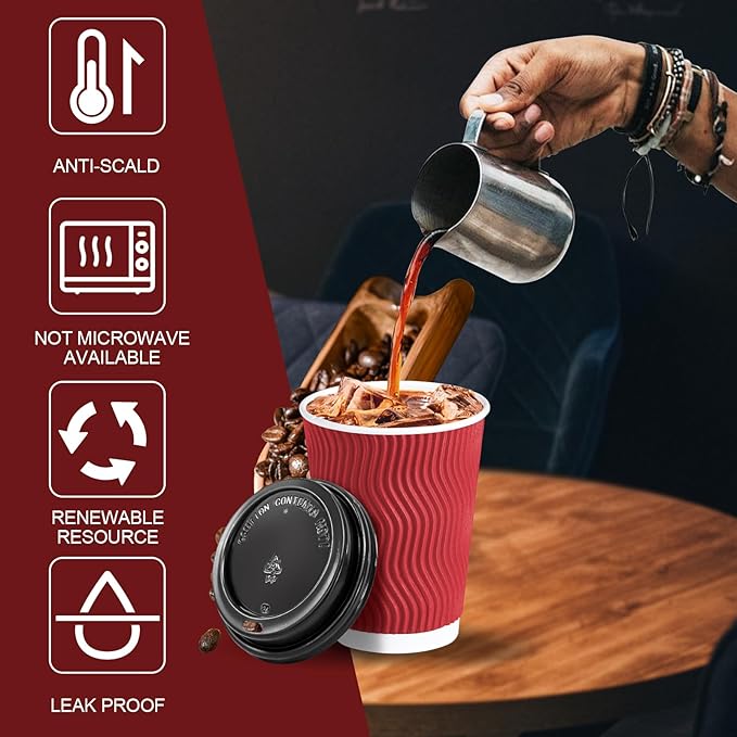Lamosi 12 OZ Disposable Coffee Cups with Lids 50 Pack, Paper Insulated Corrugated Ripple Wall Cup for Hot Beverages (Red)