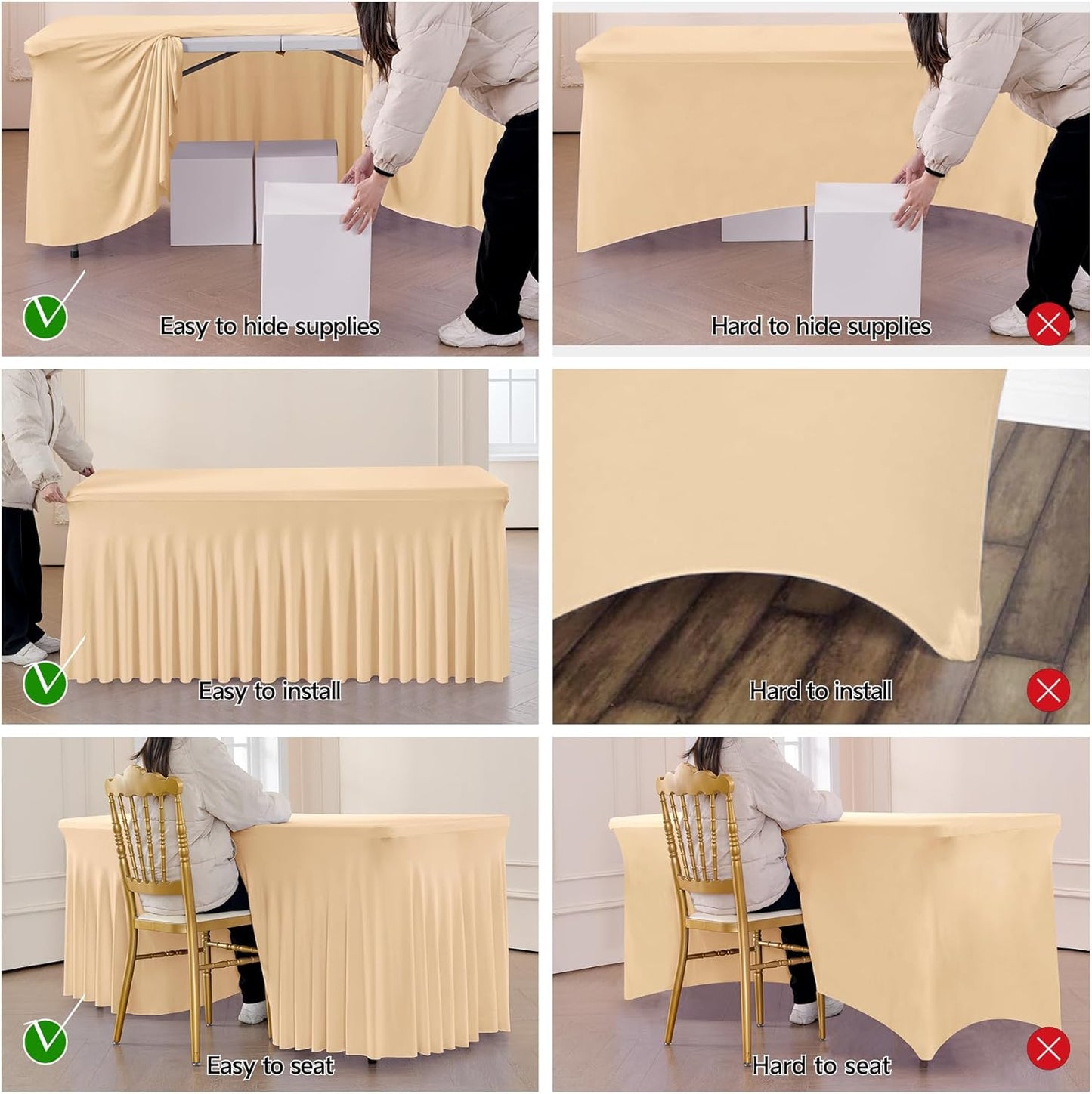 leegleri 4 Pack Champagne Spandex Tablecloths for 8 Foot Rectangle Tables, Wrinkle Free Fitted Table Cloths 8ft Stretchy Table Cloth Cover with Skirt for Parties Weddings Birthday Banquet Baby Shower
