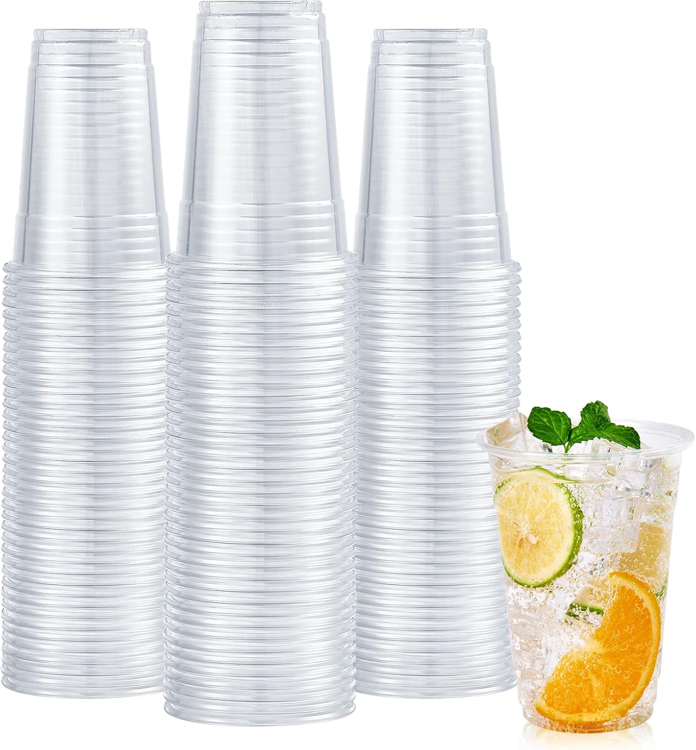 Turbo Bee 100 Pack 16 OZ Clear Plastic Cups, Disposable Crystal Plastic Party Cups for Iced Coffee, Smoothie, Slurpee, or Any Cold Drinks
