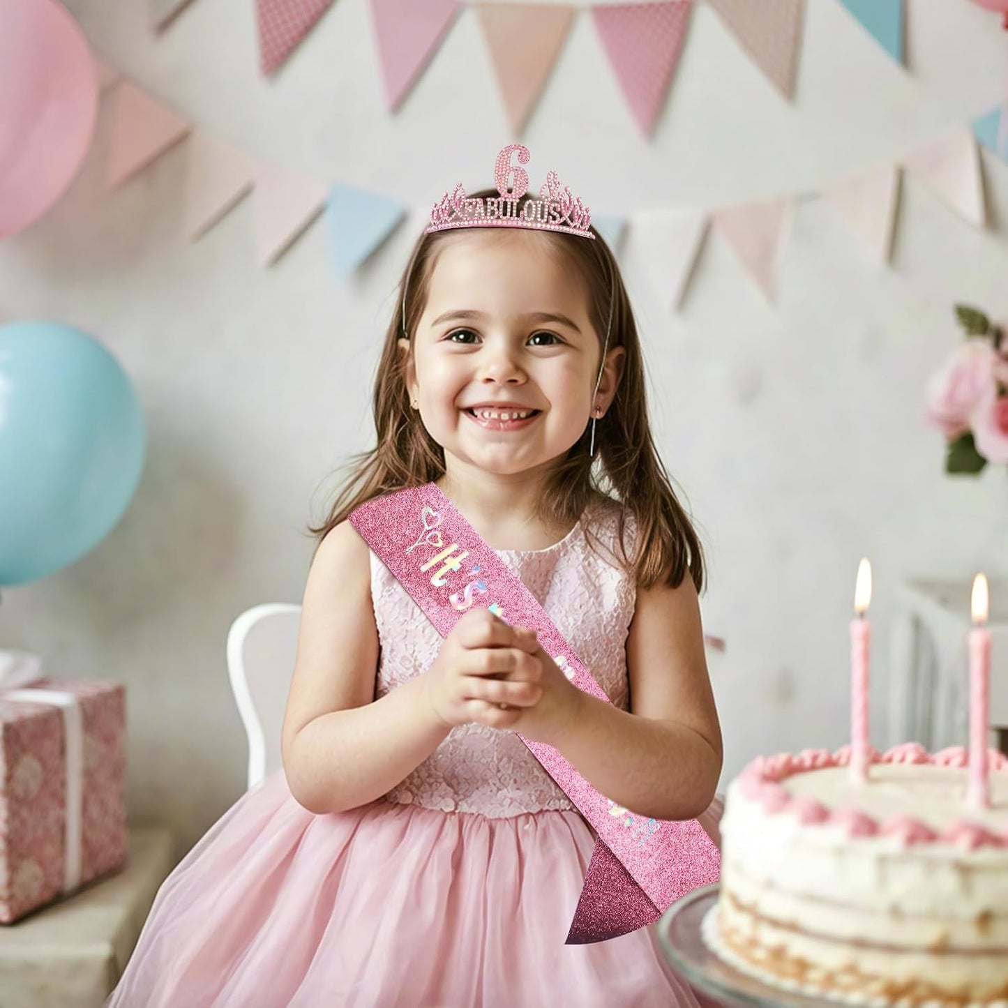 6th Birthday Decorations for Girls Set - Happy 6th Birthday Princess Crown and Glitter Sash, 6 Year Old Girl Tiara Party Decorations Supplies Outfit Accessory Gifts