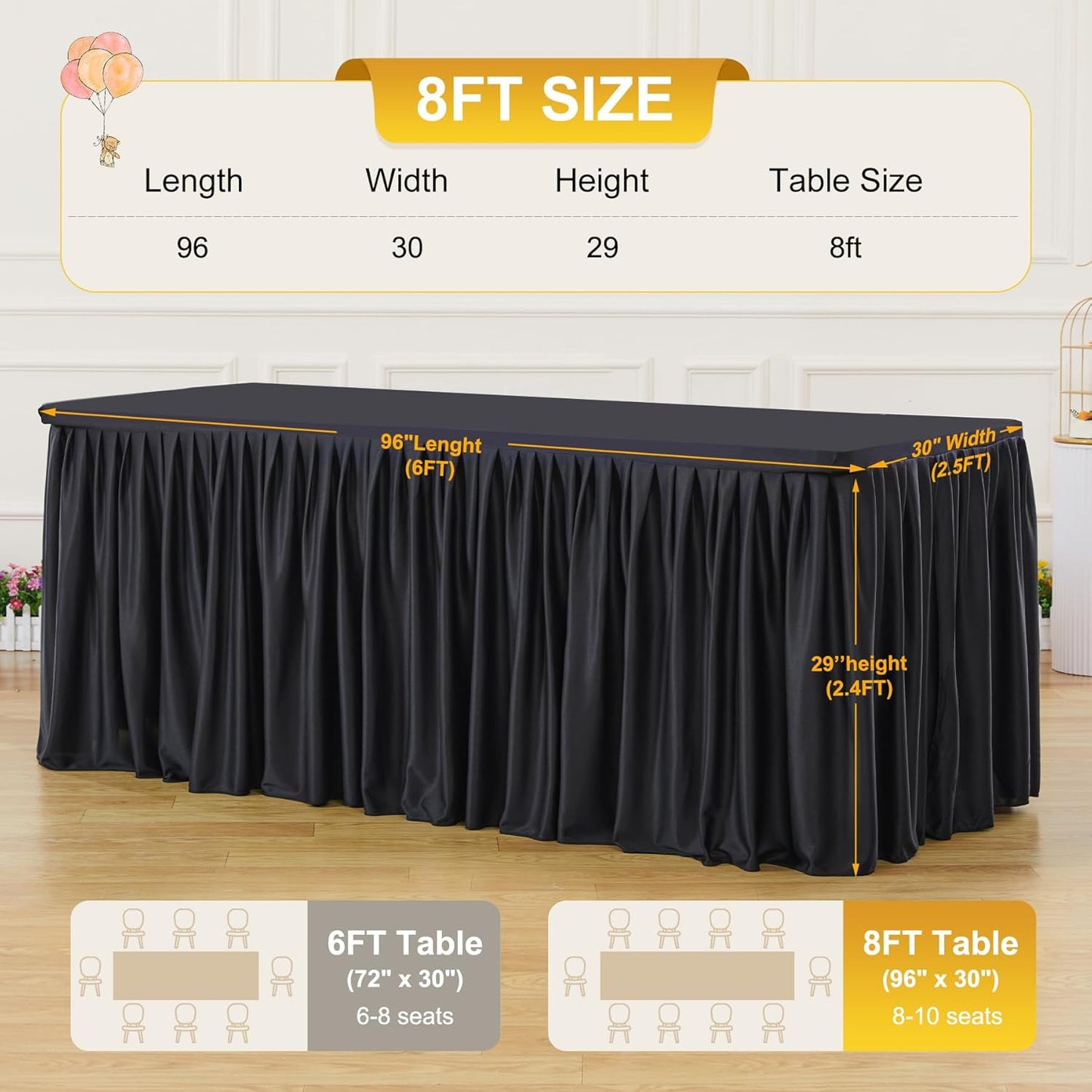 Black Polyester Table Clothes for 8 Foot Rectangle Tables, Wrinkle Free Fitted Table Cover 8ft Stretch Tablecloths with Skirt for Parties Weddings Birthday Banquet Baby Shower