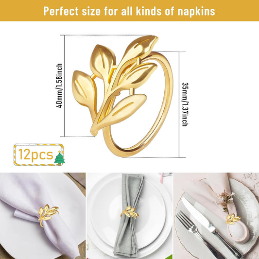 Gold Napkin Rings Set of 12, Metal Leaf Napkin Ring Holders for Cloth Napkins, Fall Napkin Ring Buckles Bulk for Wedding Receptions, Christmas Thanksgiving Holiday Party Dinner Table Settings