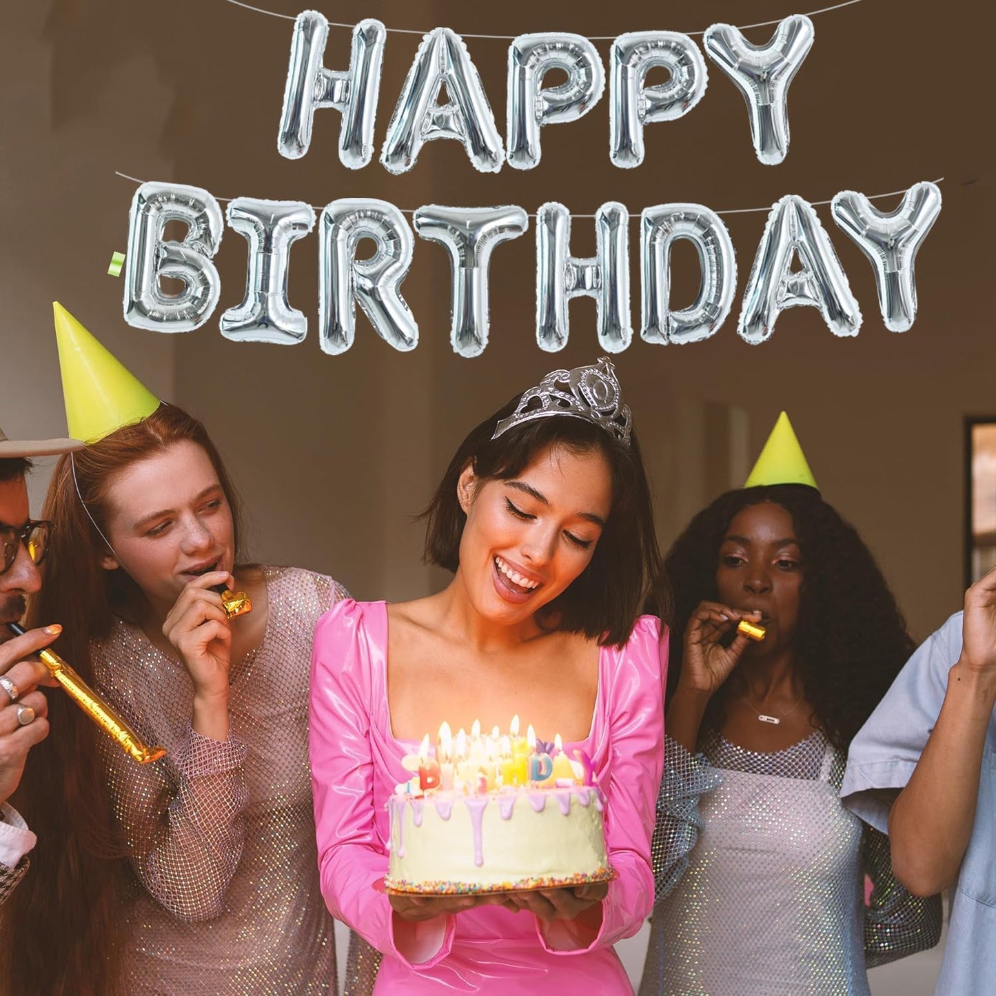 TONIFUL Laser Silver Happy Birthday Balloon Banner 16 Inch Mylar Foil Letters Birthday Sign Bunting Reusable for Girls Boys Kids & Adults Birthday Decorations and Party Supplies