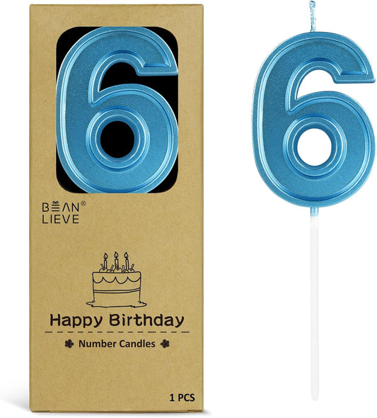 BEAN LIEVE Blue Birthday Candles Number 6, Blue Number Candles, Cake Number Candles for Birthday Parties and Wedding Anniversary Celebrations
