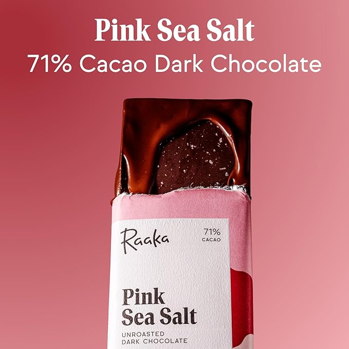 Raaka Pink Sea Salt Organic Dark Chocolate - 71% Cacao - Gourmet Dark Chocolate - Organic, Vegan, Gluten Free, Kosher | 1.8oz Bars, 12-Pack