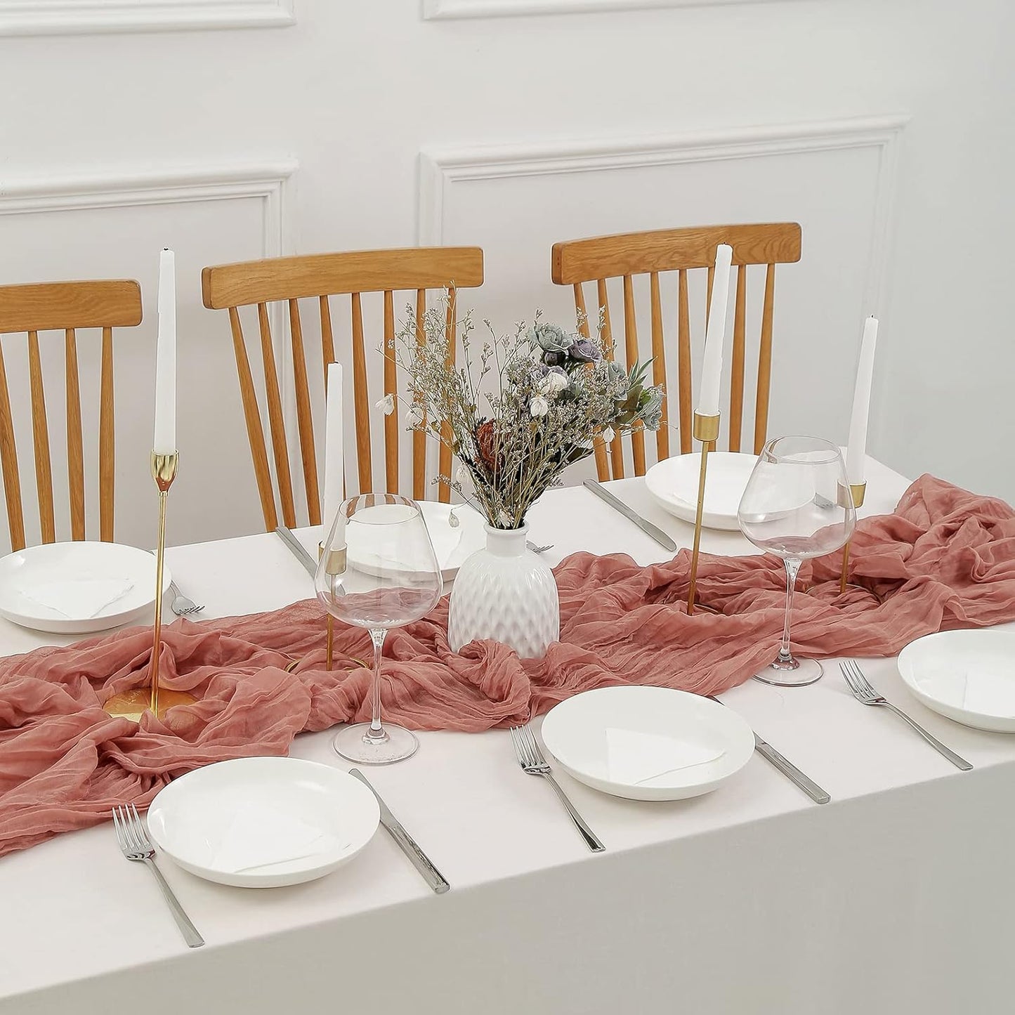 DOLOPL Boho Table Runner Dusty Blush Cheesecloth Table Runner 13.3ft Rustic Gauze Cheese Cloth Runner 160inch Long for Bridal Baby Shower Birthday Party Table Decorations