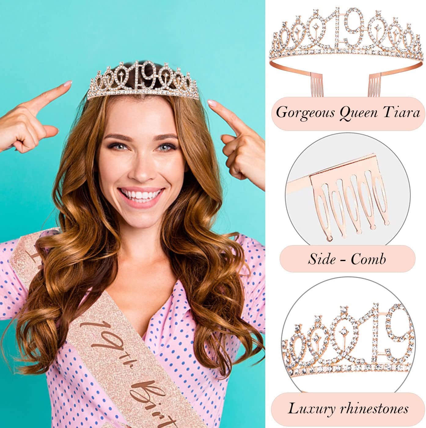 19th Birthday Decorations for Girl, 19th Birthday Sash and Crown, Cake Topper, Number Candles and Balloons, 19 Year Old Gifts for Girls