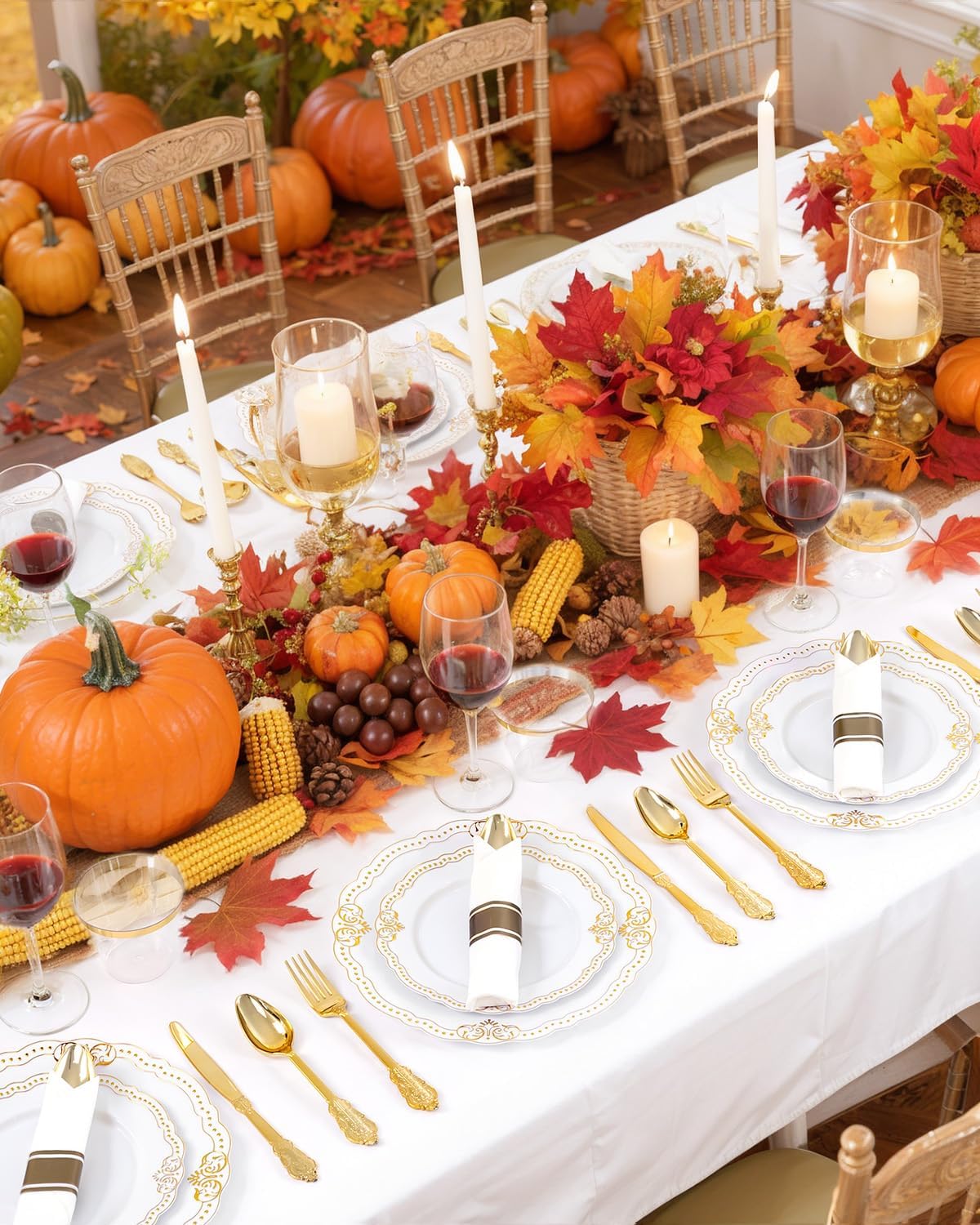 Ciaell 350 PCS Gold Plastic Plates - White and Gold Plates - Gold Disposable Plates Include 50 Disposable Plate, 150 Heavy Duty Silverware, 50 Cups, 50 Napkins for Wedding & Party & Thanksgiving