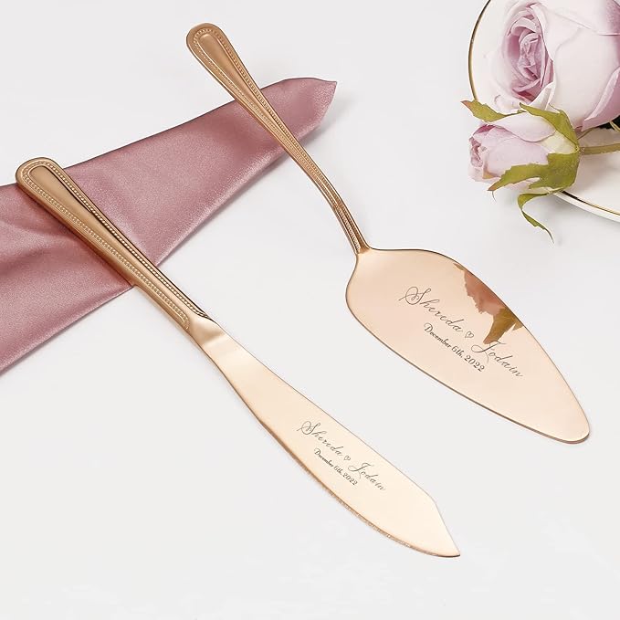 Cake Cutting Set for Wedding, Personalized Wedding Cake Knife and Server Set, Vintage Engraved 2-Piece Pie Pizza Cutter Serving Set, Custom Bridal Anniversary Birthday Quinceañera Gift(Rose Gold)
