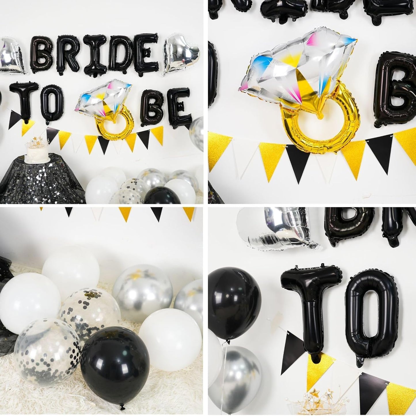 Black and Silver Bachelorette Party Decorations, Black Bride To Be Bridal Shower Decorations, Black White Silver Balloons and Diamond Ring Silver Heart Balloons for Bachelorette Engagement Wedding