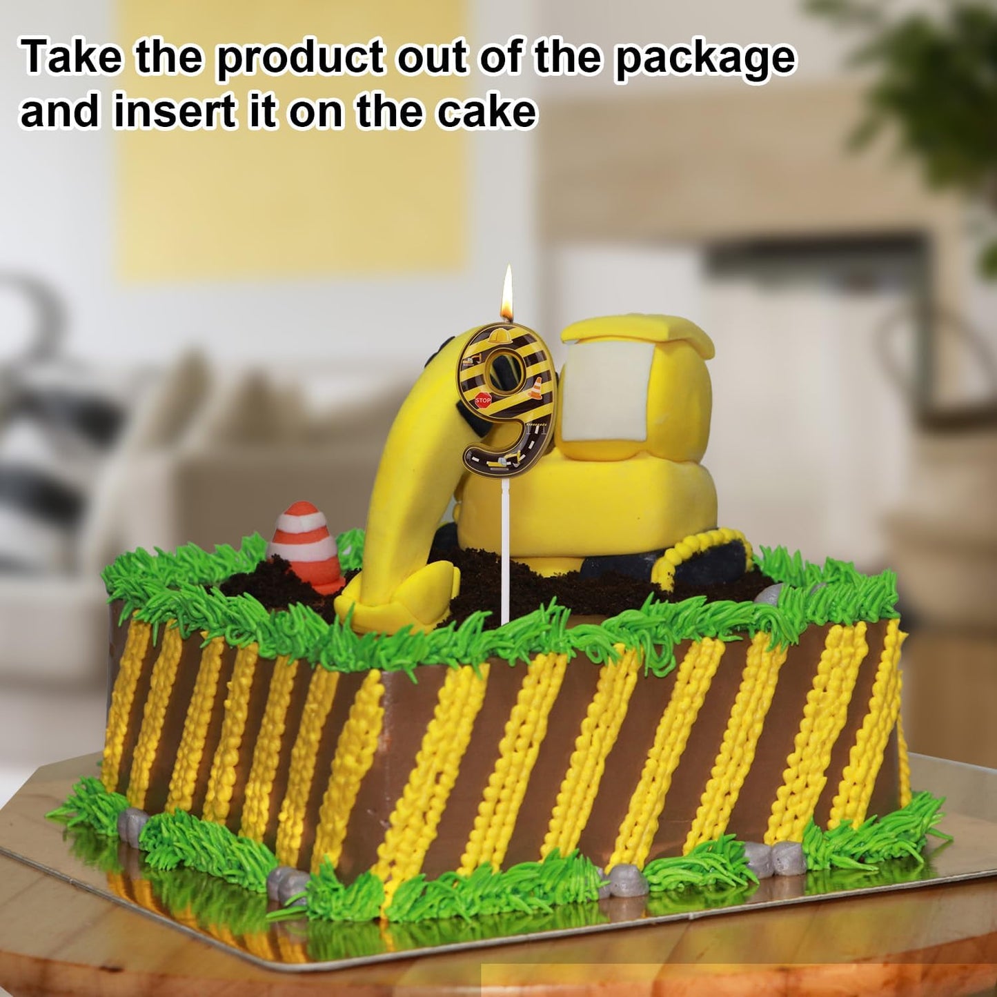 Construction Birthday Number Candles, Yellow & Black Striped Cake Topper Building Theme Party Decorations for Graduation Anniversary Celebration (Number 9)