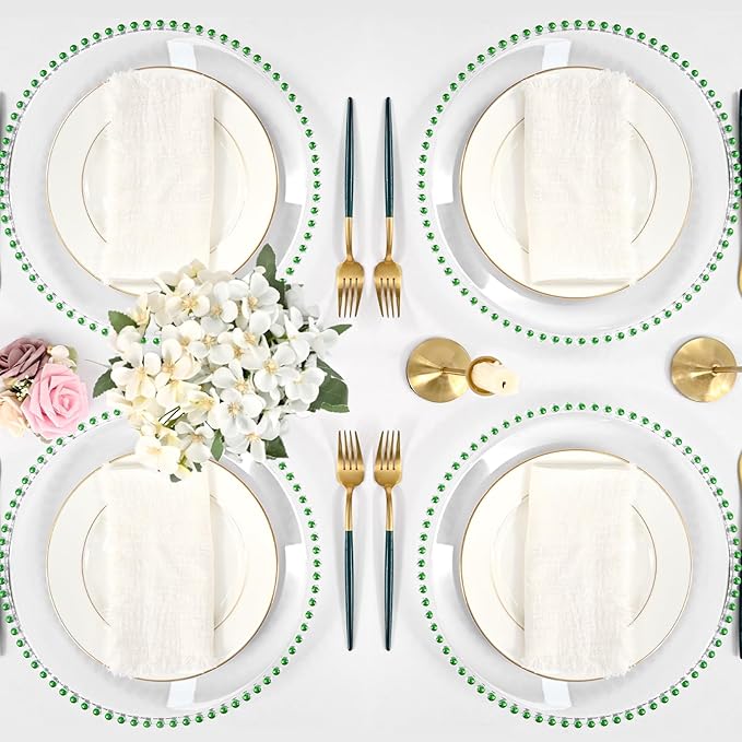 24 PCS Clear Round Charger Plates with Beaded Rim, 13 Inch Plastic Acrylic Plate, Plastic Round Beaded Dinner Decorative Service Plates for Wedding Party Event, Home Kitchen Tabletop(Green)