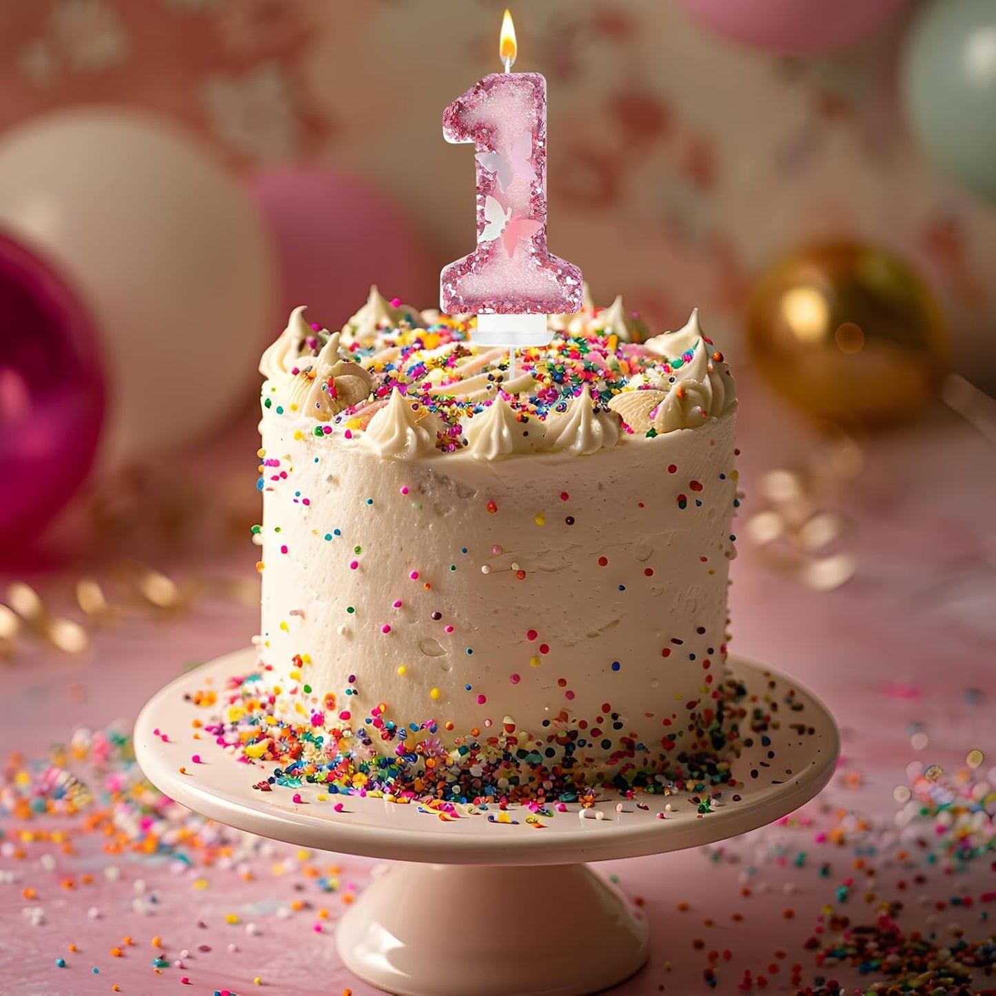 1th Birthday Candles，Glitter Butterfly Cake Toppers Pink Sequins Wedding Numeral Cupcake Decorations，Suitable for Girl and boy Wedding Cakes, Party Celebrations, Birthday Decorations