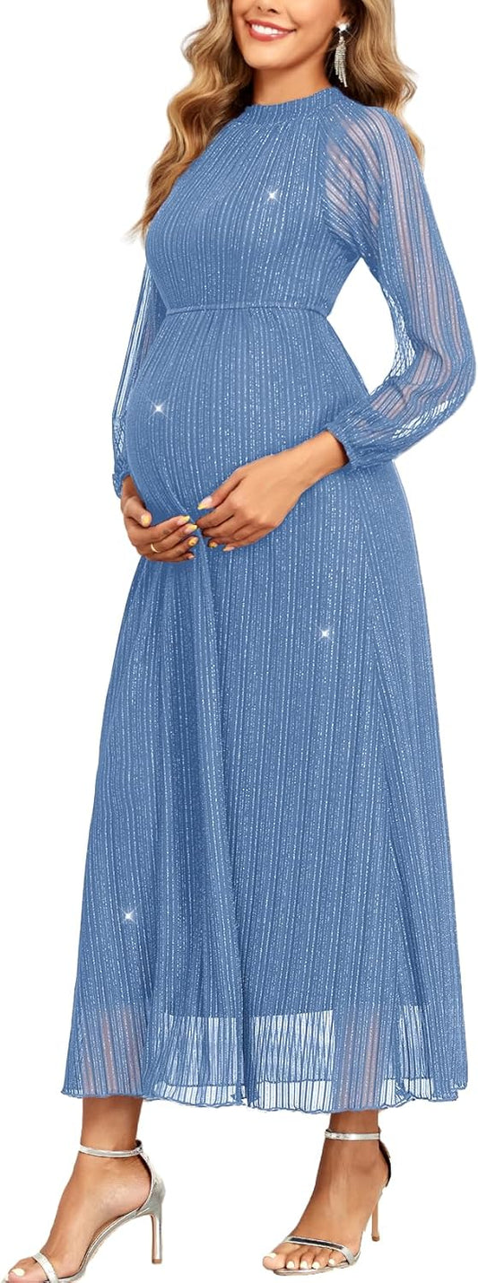 Maternity Sparkly Mesh Dress Halter Neck Sleeveless A Line Pregnancy Dresses Semi Formal Baby Shower Photoshoot