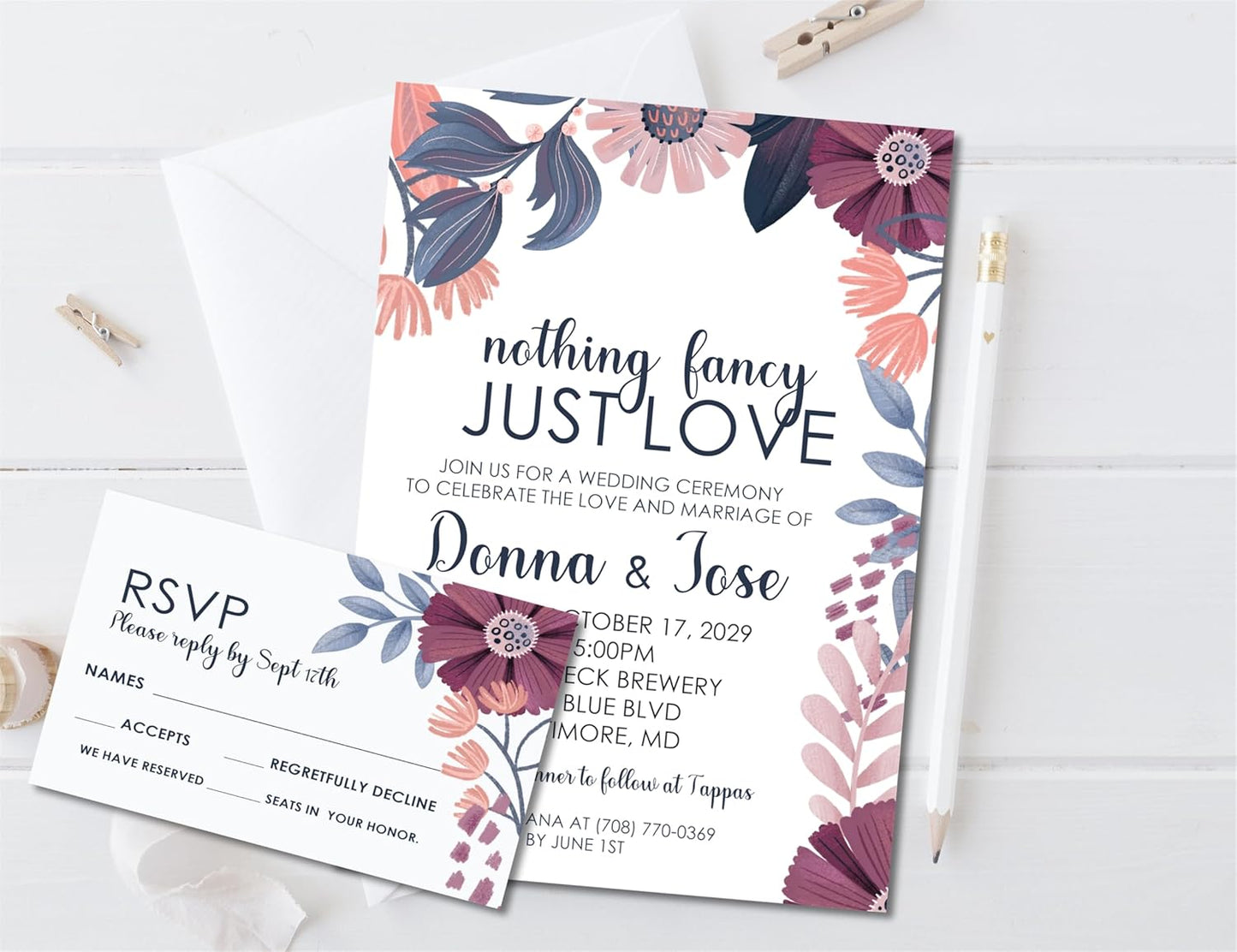 Purple & Blue Abstract Floral Wedding Invitations, Personalized, Set of 12 Invitations with Envelopes