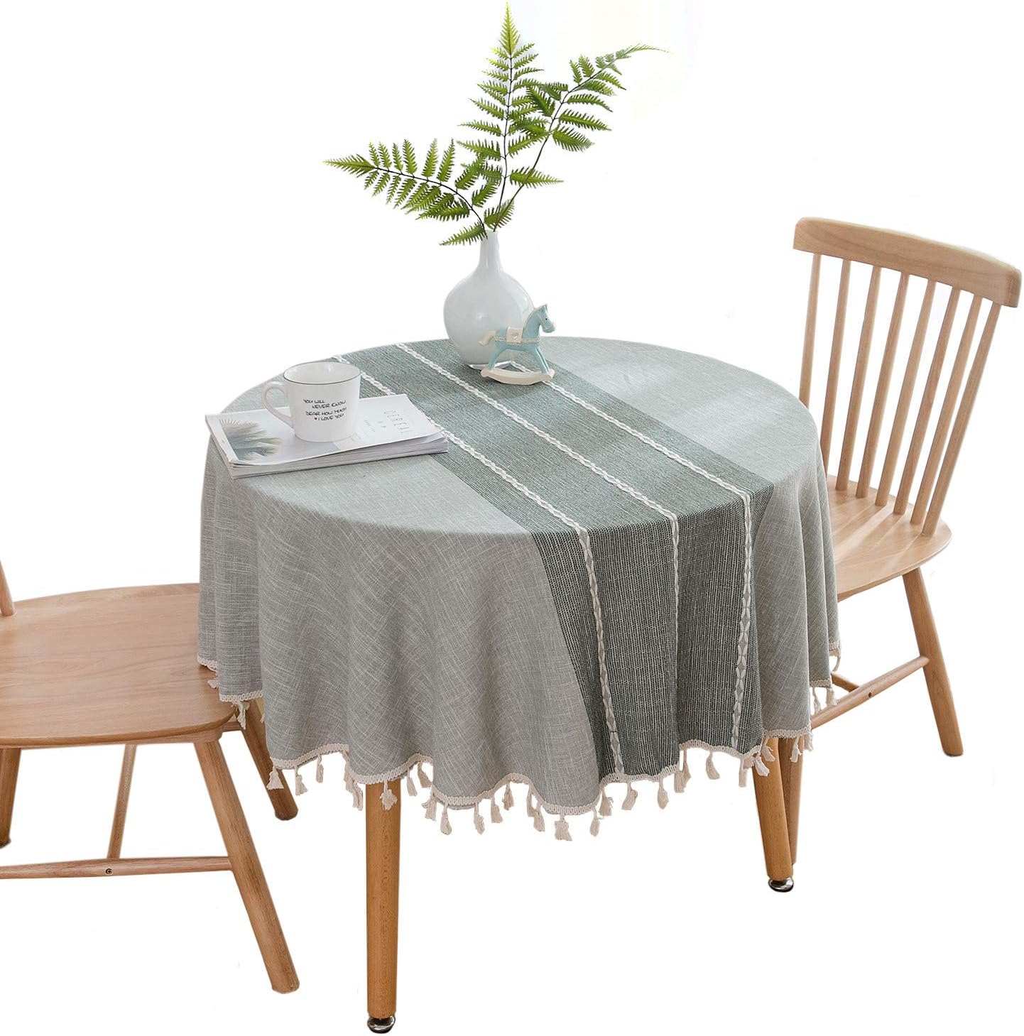 Heavy Weight Cotton Linen Tablecloth - Round 60 Inch Tablecloth - Tassel Stitching Table Cover for Kitchen Dining Room Tabletop Decoration - Gray