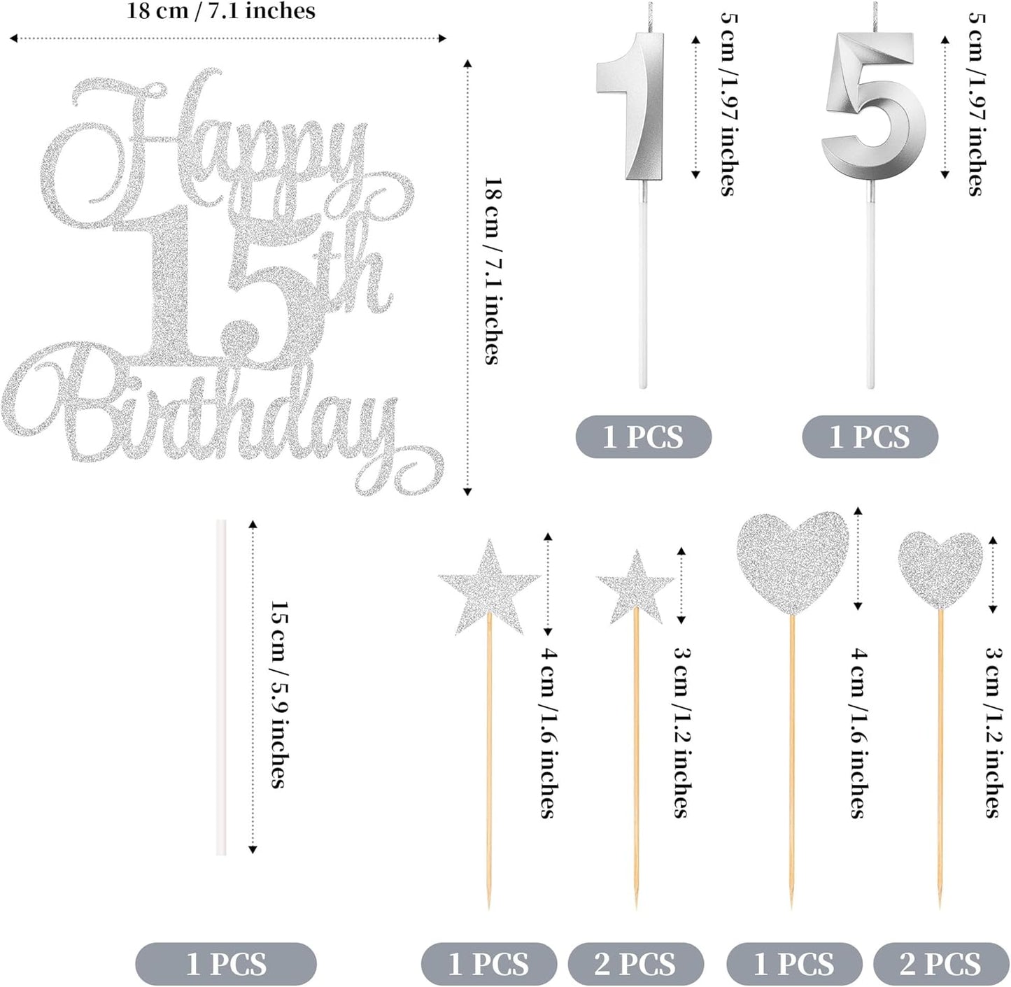 15th Birthday Cake Decorations, 15th Birthday Candles Cake Numeral Candles and Glitter Happy 15th Birthday Cake Toppers Set for Birthday Party Supplies (Silver)