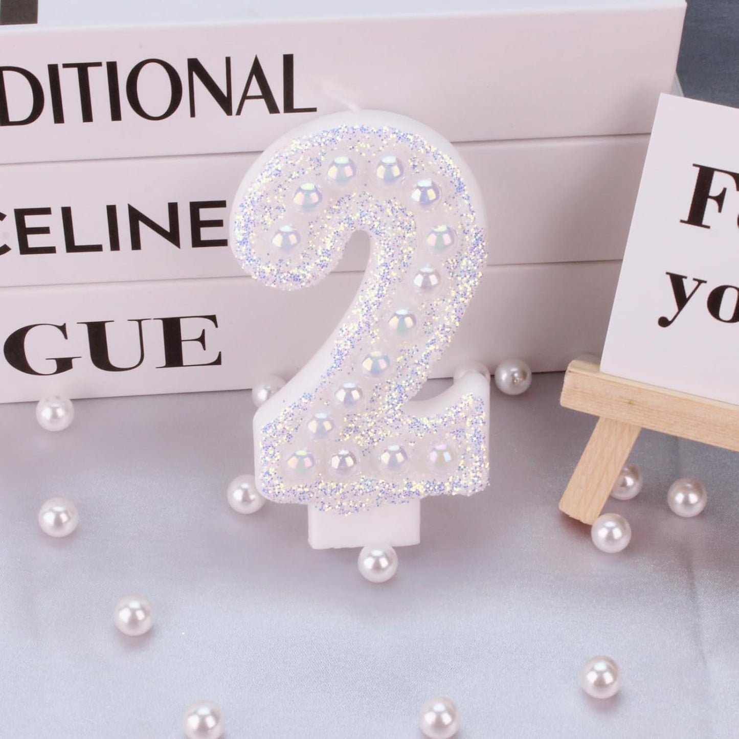 Birthday Candles, Number 2 Birthday Candle for Cake, Birthday Candles Sparklers with Holographic Colored Pearls, 3.35" Large Pearl Candles for Two Sweet Birthday Party Decoration Supplies