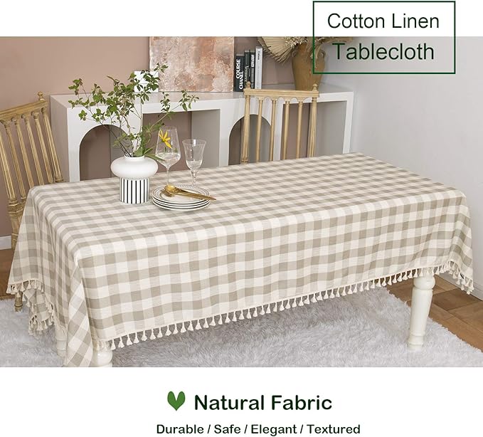 Rustic Checkered Tablecloth, Cotton Gingham Rectangle Table Cloths for Kitchen Dining Restaurant Farmhouse Thanksgiving Christmas Décor(55x102”,Gray Khaki)