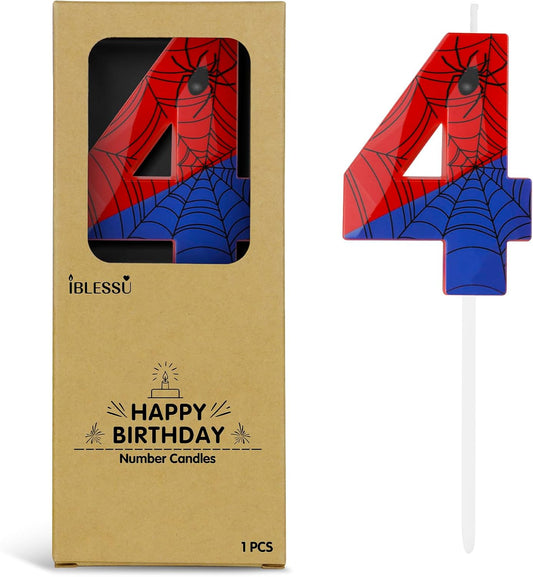 Number 4 Spider Themed Birthday Candle, 2.68 Inch Red Blue Spider Birthday Candles, Number Candles Birthday Cake Toppers Web Candles for Boy Girl Spider Party Decoration Supplies Halloween Party