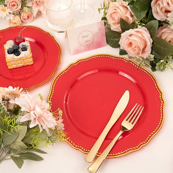 Hioasis 60pcs Red Plastic Plates - Red and Gold Disposable Dinnerware with Gold Rim, Heavy-duty, 7.5 inch, Dessert Plates for Party & Christmas
