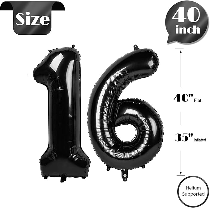 Black Number 16 Balloon 40 Inch, 16th Birthday Party Decorations for Children, Giant 16 Foil Balloon for Party Supplies