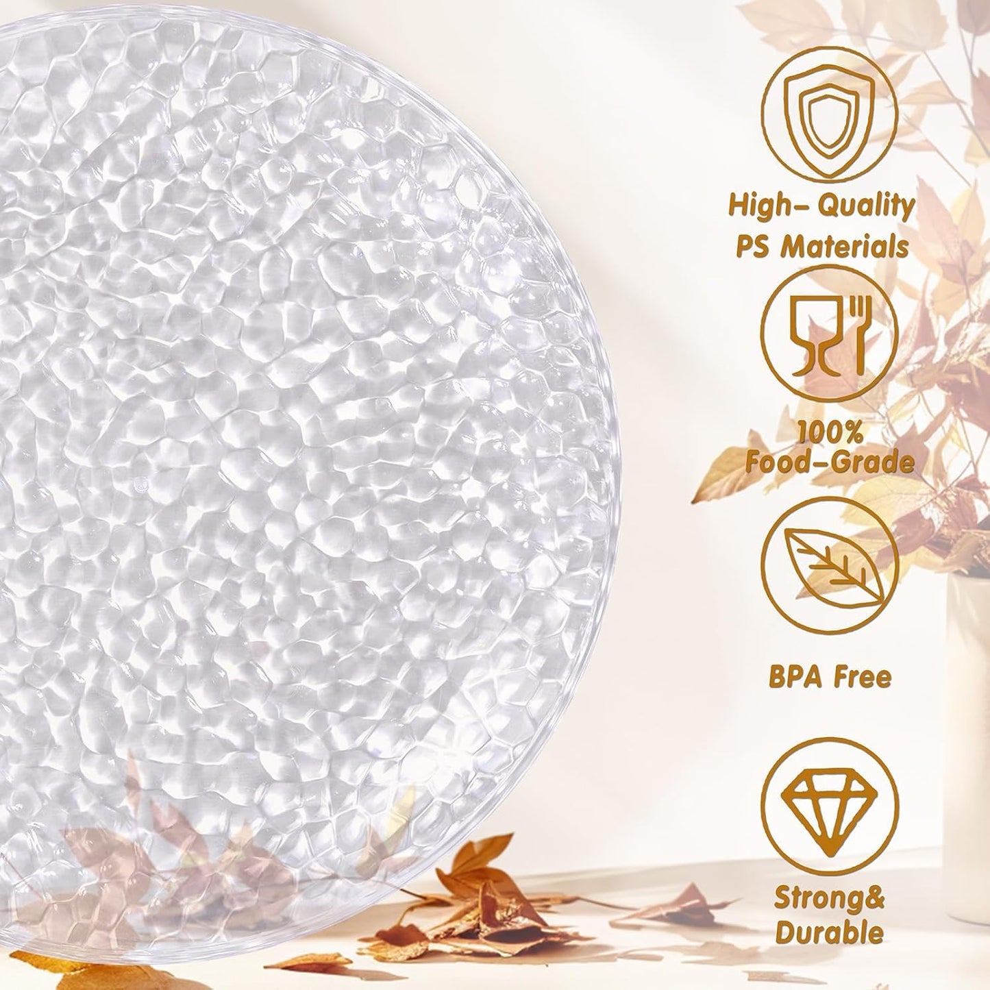 Rubtlamp 60Pcs Clear Plastic Plates, Hammered Disposable Party Plates, Heavy Duty Plastic Platos, Fancy Disposable Platos Include 30 Clear Dinner Plate, 30 Salad Plate For Wedding Bridal