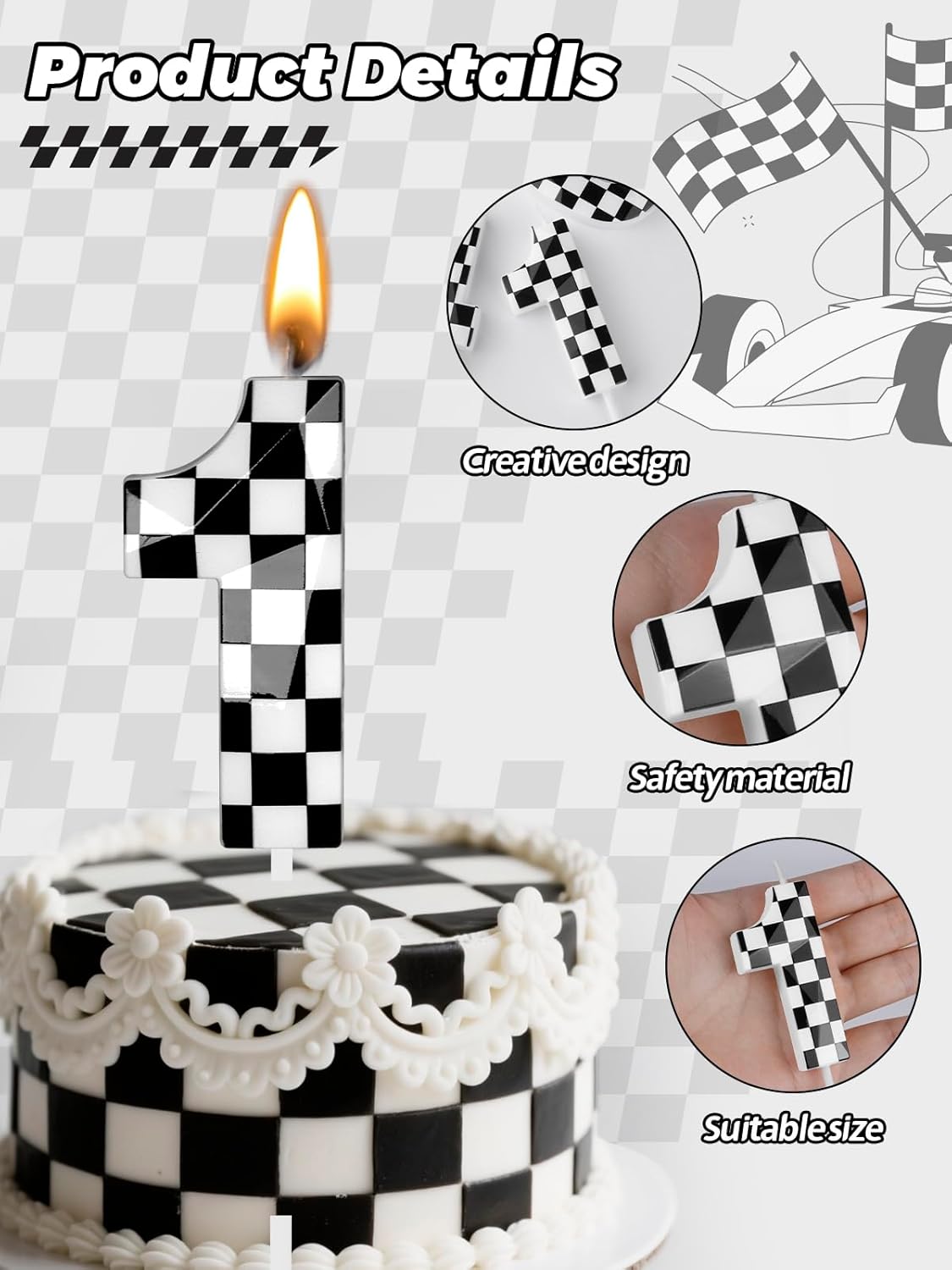 Number 1 Racing Cars Birthday Candles,2.68 Inch Black White Checkered Birthday Number Candles, Cool Racing Themed Number Candles for Boys and Girls, Kids Race Car Themed Party Decorations Supplies