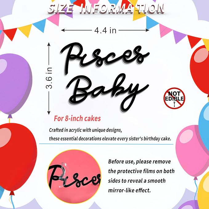 Pisces Cake Topper – Zodiac Birthday Decoration for Pisces Season, Horoscope Party Supplies for Baby or Adult Birthday (Pisces Baby black)