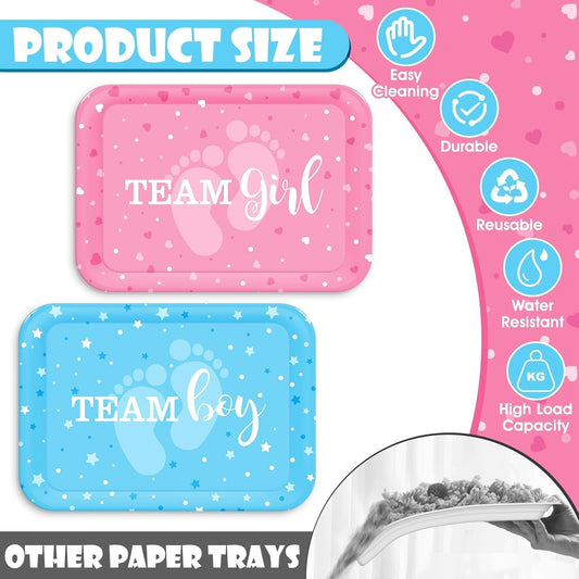 Gender Reveal Serving Fruit Tray, 4 PCS Rectangle Melamine Dinner Tray, 13x9.6IN Reusable Blue and Pink Baby Shower Decoration Platter, for Gender Reveal Kids Newborn Birthday Party Supplies