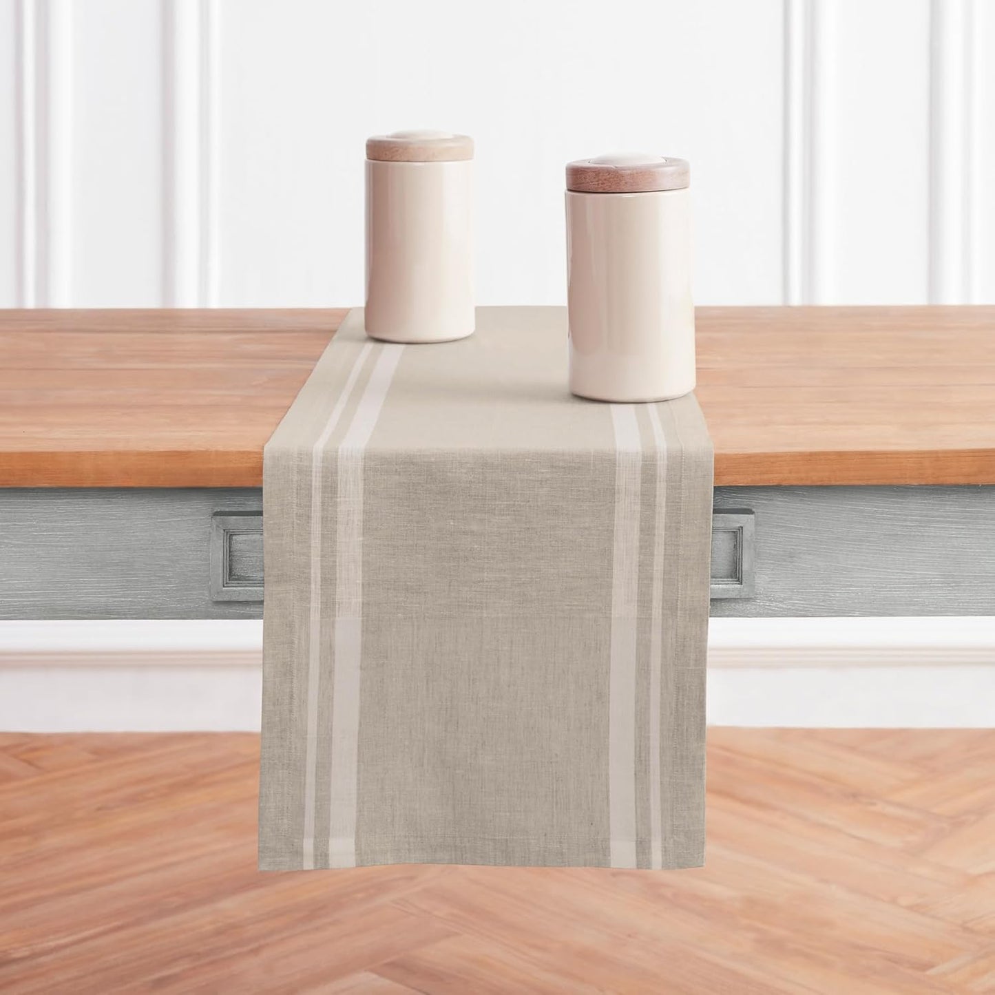 Solino Home Linen Table Runner 156 Inches Long - 100% Pure Linen White and Natural French Stripe Table Runner 14 x 156 Inch for Dining, Thanksgiving