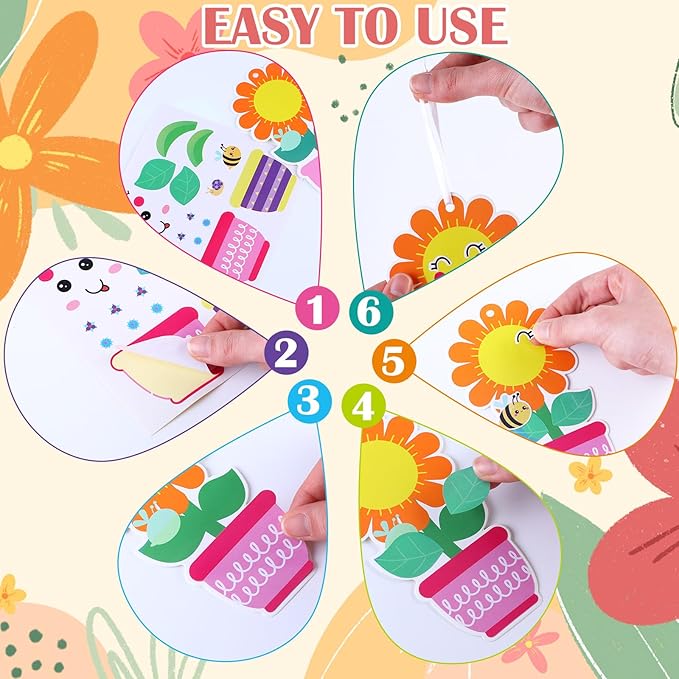 Frienda 48 Set Spring Flower Craft Kit for Kids Make Your Own Flowers Pot Craft DIY Floral Paper Flowers Hanging Ornament Decorations for Mother's Day Spring Gifts Classroom Birthday Party Favors
