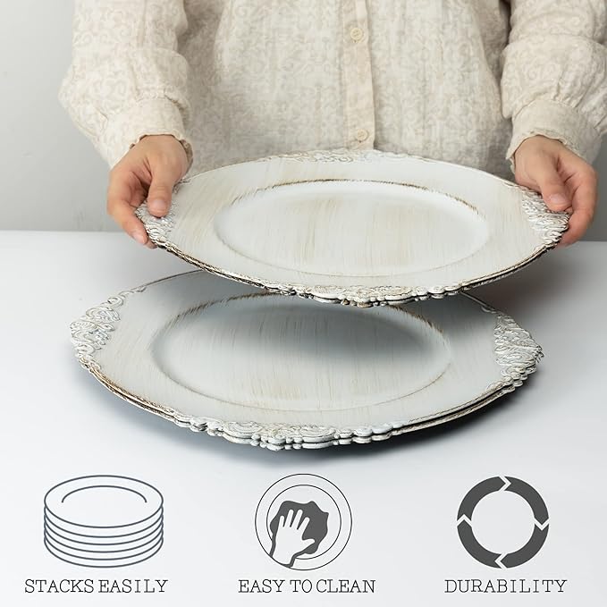 MAONAME Antique White Charger Plates, Round Antique Plate Chargers for Dinner Plate, 13" Plastic Charger for Plates, Wedding Table Setting, Set of 6