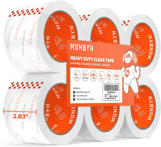 MUNBYN Tape, Heavy Duty Shipping Packing Clear Tape Refill for Dispenser with Total 540 Yards, 2.7mil, 2.83inch *90 Yard(Per Rolls) Great for Shipping Packing Moving Mailing Office Storage