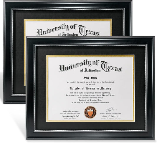 GraduationMall 8.5x11 Diploma Frame with Black over Gold Mat or Display 11x14 Document without Mat, UV Protection Acrylic, Black with Silver Beads, Set of 2