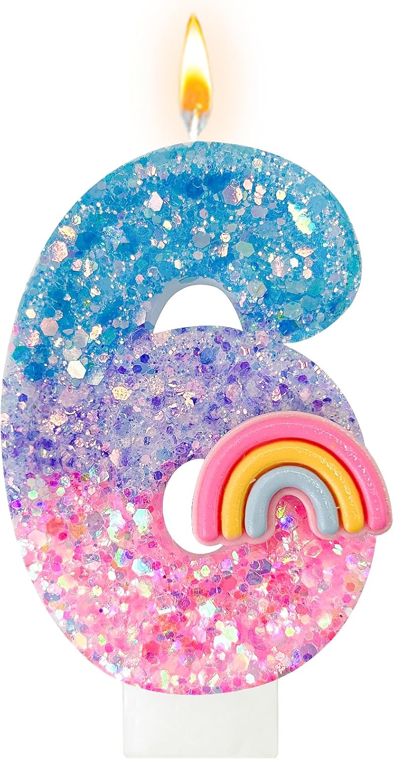 Rainbow Birthday Number Candles, Number 6 Candles, Cupcake Decorations, Macaron Birthday Cake Decorations, Cartoon Theme Party Supplies (Number 6)