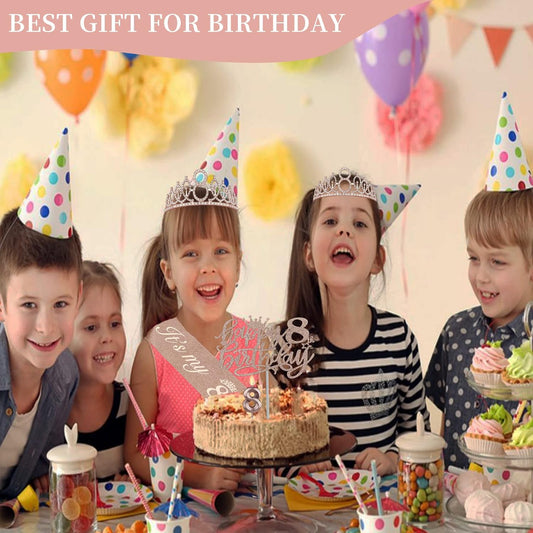 8th Birthday Decorations for Girl Including Sash, Crown, Numeral Candle and Cake Topper, 8 Year Old Girls Party Favor Supplies