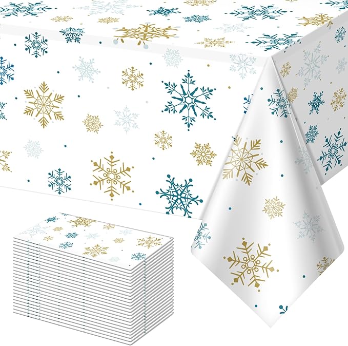 24Pcs Snowflake Plastic Tablecloth Christmas Snowflake Disposable Table Cloth White Blue and Gold Winter Wonderland Table Cover for Winter Holiday Christmas Birthday Party Decorations,54x108 Inch