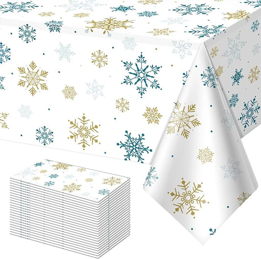 24Pcs Snowflake Plastic Tablecloth Christmas Snowflake Disposable Table Cloth White Blue and Gold Winter Wonderland Table Cover for Winter Holiday Christmas Birthday Party Decorations,54x108 Inch