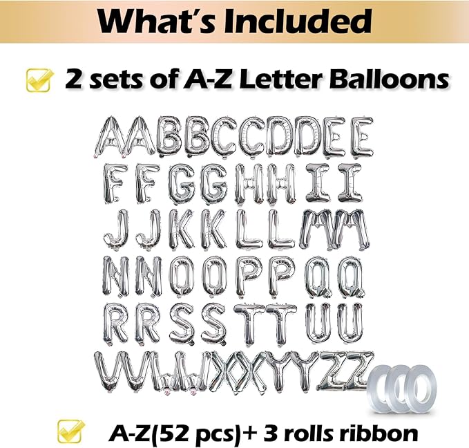 [52 PCS] 16" Foil Silver Letter Balloons 2 Sets of A-Z, Mylar Aluminum Hanging Alphabet for Graduation New Year eve Birthday Party Decorations