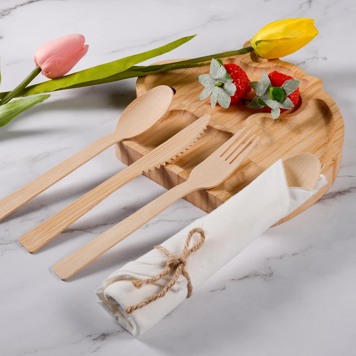 Pre Rolled Napkin and Bamboo Cutlery Set - 50Pack Bamboo Utensils/Compostable Cutlery(50 Forks, 50 Knives, 50 Spoons, 50 Napkins), Biodegradable Wrapped Cutlery for Party, Wedding, Events
